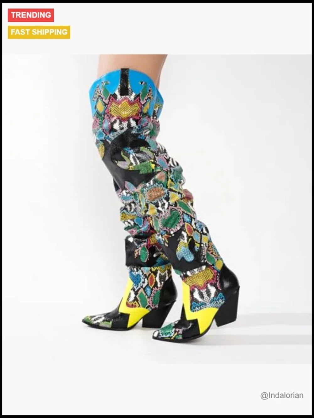 Thigh High Cowboy Boots - Faux Snakeskin Chunky Heel Western Booties